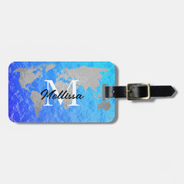 Anpassningsbar av World Map Monogram Grått Blue Fo Bagagebricka