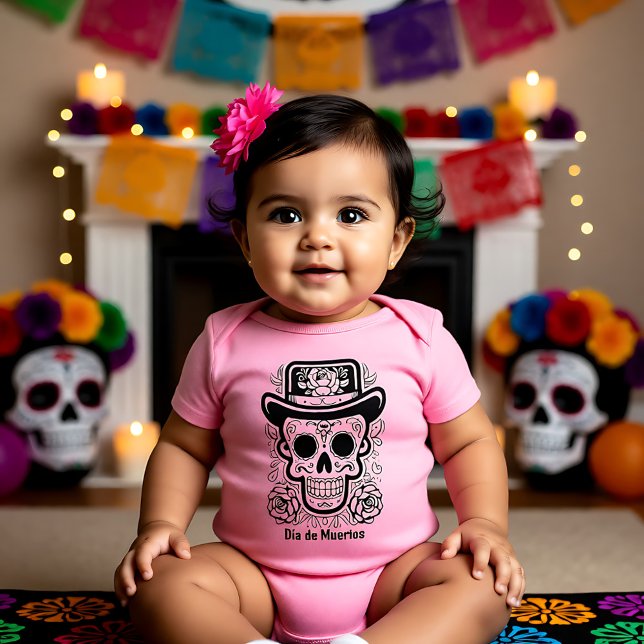 Anpassningsbar B/W (färg er egen) Día de Muertos T Shirt (Custom text 💀 BW (color your own) Día de Muertos Baby Bodysuit)