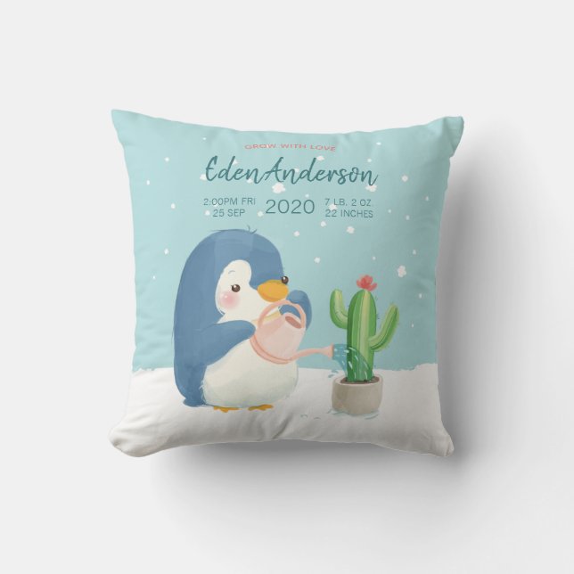 [Anpassningsbar]Baby BirthStat Cute Penguin Cactus Kudde (Framsida)
