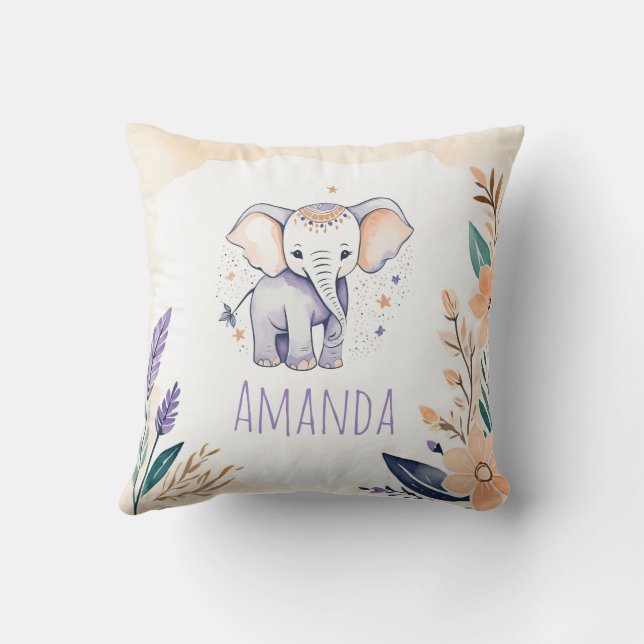 Anpassningsbar Baby Elephant Pillow Boho Blommigt  Kudde (Baksida)