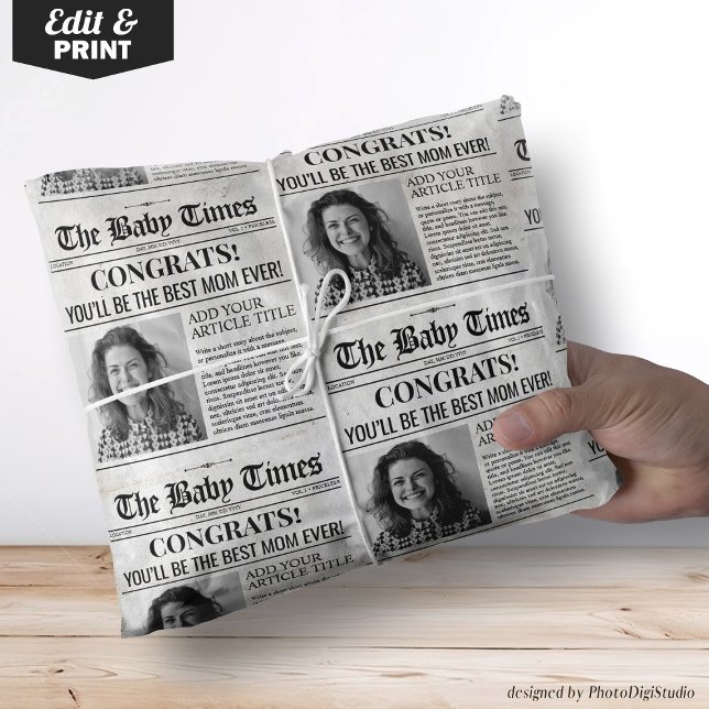 Anpassningsbar Baby Gravid Reveal Newspaper Gift W Presentpapper (Custom Baby Shower Newspaper Wrap, Baby Shower Wrapping Paper ()