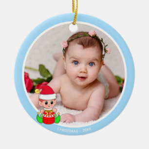 Anpassningsbar Baby Photo & Cute Elf på Light Blue Julgransprydnad Keramik