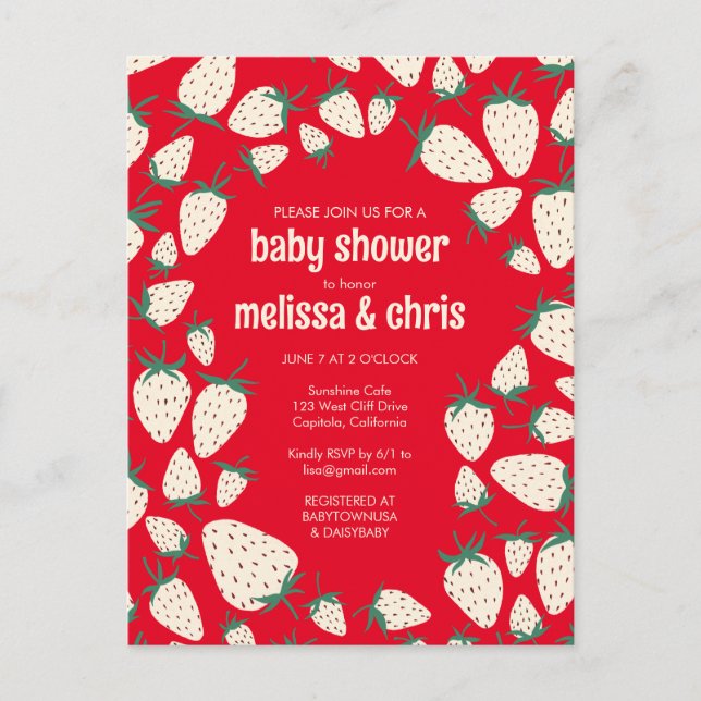 Anpassningsbar BABY SHOWER för vit jordgubbsröntge Inbjudan Vykort (Framsida)