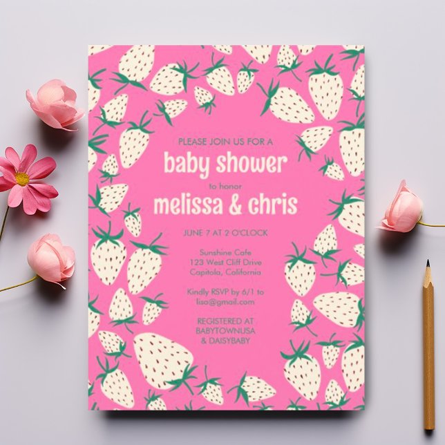 Anpassningsbar BABY SHOWER för vit jordgubbsröntge Inbjudan Vykort (Cute white strawberries on a pink background for these custom baby shower invitation postcards. )