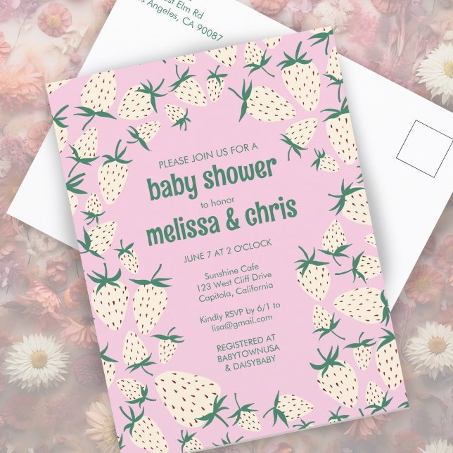 Anpassningsbar BABY SHOWER för vit jordgubbsröntge Inbjudan Vykort (White Strawberry Cute Pineberry CUSTOM BABY SHOWER Invitation Postcard
Pink Girly)