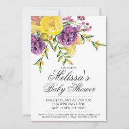 Anpassningsbar Baby Shower Inbjudan, Lila Gult Blo Inbjudningar
