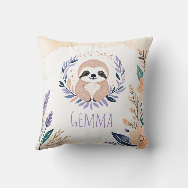 Anpassningsbar Baby Sloth Pillow Boho Blommigt Des Kudde (Baksida)