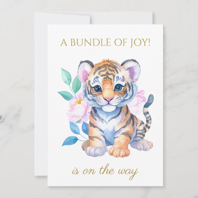 Anpassningsbar Baby Tiger med blommor Baby Shower Inbjudningar (Framsida)