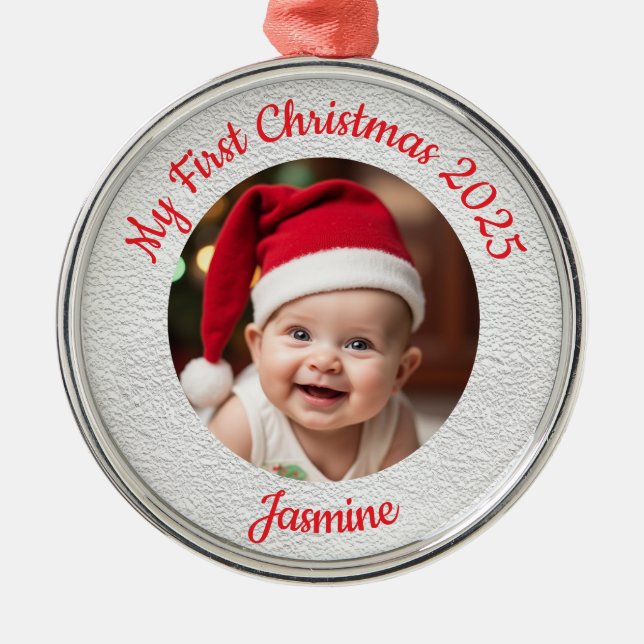 Anpassningsbar Baby's First Christmas Premium Rund Julgransprydnad Metall (Framsidan)