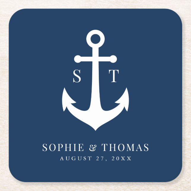 Anpassningsbar Bakgrund Färg Monogram Anchor Bröll Underlägg Papper Kvadrat (Framsidan)