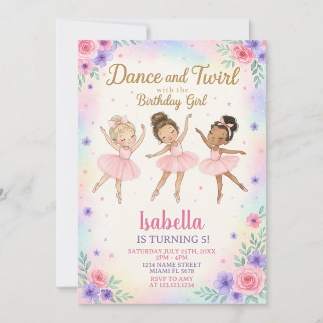 Anpassningsbar Ballerina Födelsedagsfest inbjudan (Framsida)