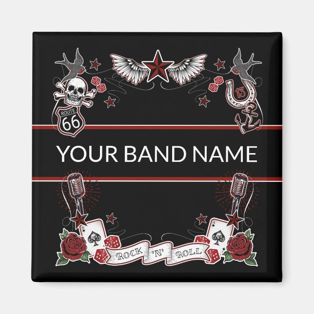 Anpassningsbar Band Merch Rockabilly Sten & Roll M Magnet (Framsidan)