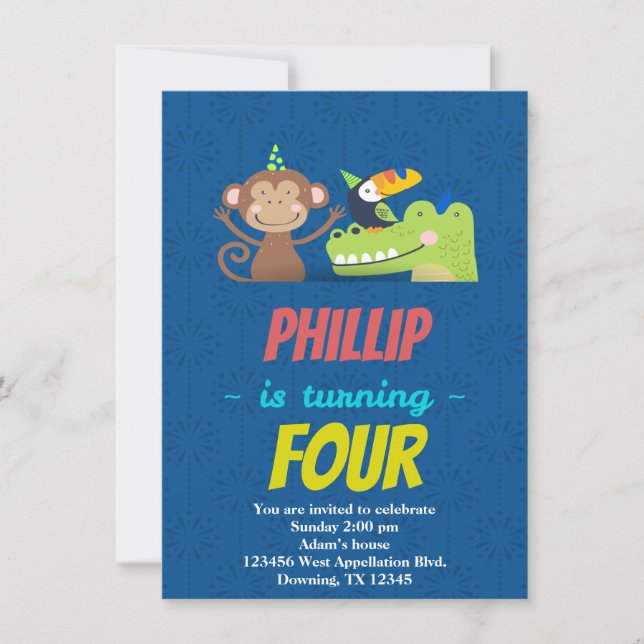 Anpassningsbar Barn med födelsedagskort Djur med T Inbjudningar (Framsida)