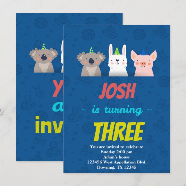 Anpassningsbar Barn med födelsedagskort Djur med T Inbjudningar (Fram/baksida)