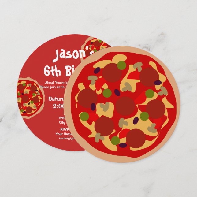 Anpassningsbar barn round pizza Födelsedagsfest in Inbjudningar (Fram/baksida)