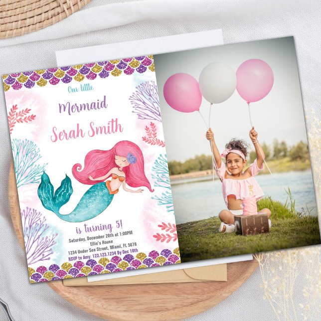 Anpassningsbar barn under Party Inbjudan (Green Mermaid Birthday Invitations with photo)