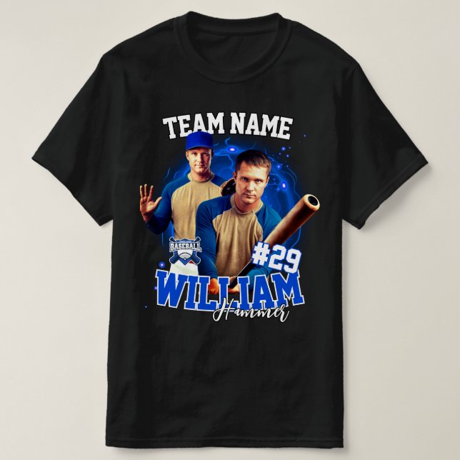 Anpassningsbar Baseball Player Photo Black Blue T Shirt (Design framsida)