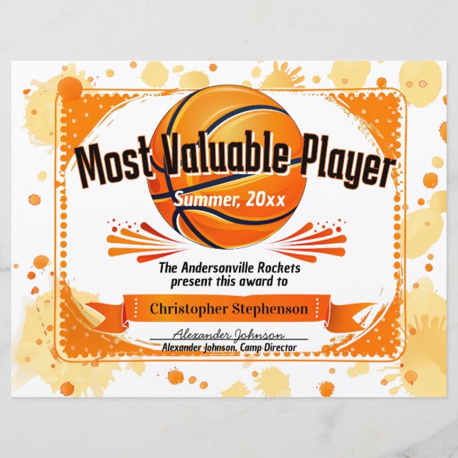 Anpassningsbar Basketball Award MVP Personlig Team (Framsida)