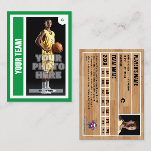 Anpassningsbar Basketball Trading Card - Kelly Grö (Fram/baksida)