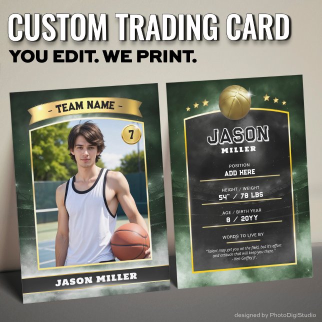 Anpassningsbar Basketboll Trafikkort Grönt Guld St (Custom Trading Card, Editable Basketball Trading Card, Modern Green Gold Stadium Design)
