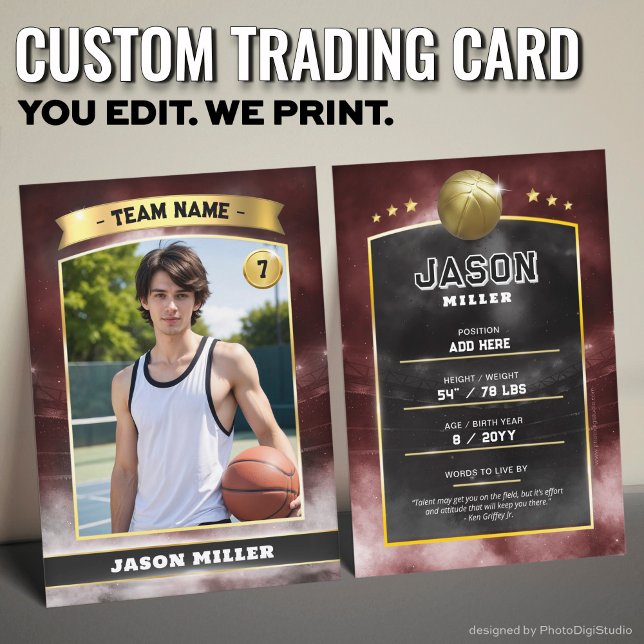 Anpassningsbar Basketboll Trafikkort Red Guld Stad (Custom Trading Card, Editable Basketball Trading Card, Modern Red Gold Stadium Design)