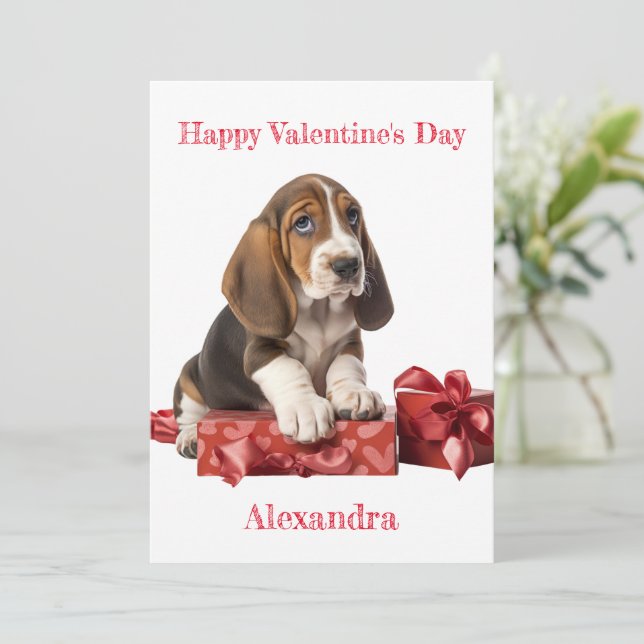 Anpassningsbar Basset Hound Bow Gift Box Valentine Julkort (Stående Fram)