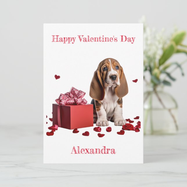 Anpassningsbar Basset Hound Red Gift Box Valentine Julkort (Stående Fram)