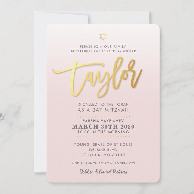 ANPASSNINGSBAR Bat mitzvah Inbjudan blek rosa guld (Framsida)