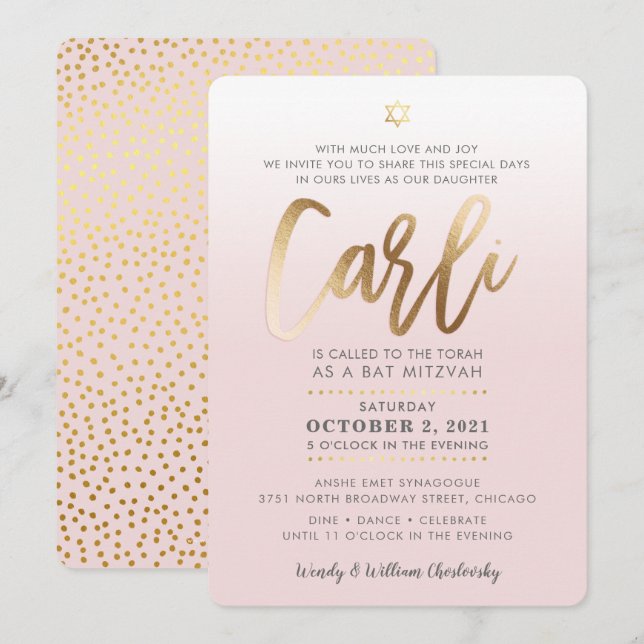 ANPASSNINGSBAR Bat mitzvah Inbjudan blek rosa guld (Fram/baksida)