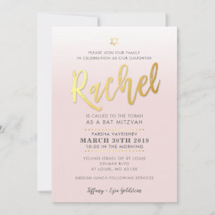 ANPASSNINGSBAR Bat mitzvah Inbjudan blek rosa guld
