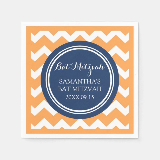 Anpassningsbar Bat mitzvah Napkin Orange Blue Chev Pappersservett (Framsidan)