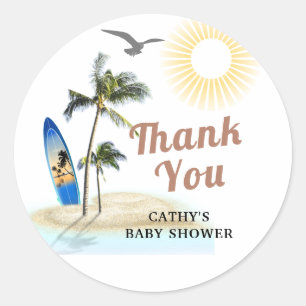 Anpassningsbar Beach Baby Shower Tack Runt Klistermärke