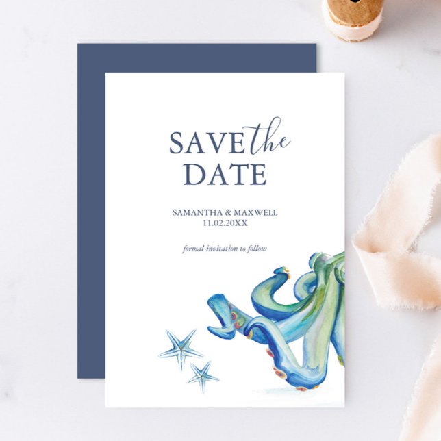Anpassningsbar Beach bröllopsmeddelanden Spara Datumet (Beach wedding save the date invitation card features unique watercolor art by Victoria Grigaliunas)