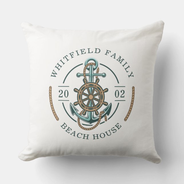 Anpassningsbar Beach House Anchor Boat Wheel Nauti Kudde (Framsida)