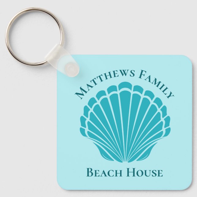 Anpassningsbar Beach House Aqua Seashell Monogram  Nyckelring (Framsida)