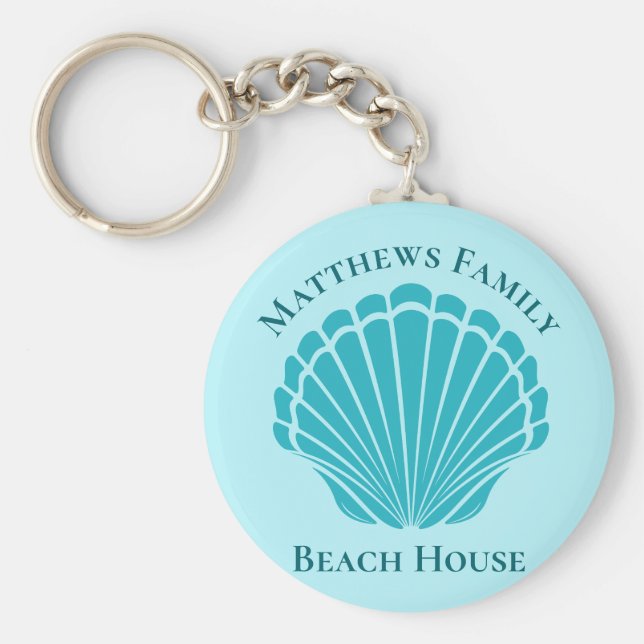Anpassningsbar Beach House Aqua Seashell Monogram  Nyckelring (Framsidan)
