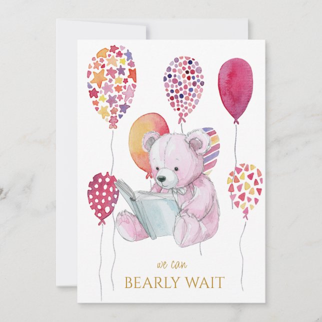 Anpassningsbar Bear läsa en bok Baby Shower Inbjudningar (Framsida)