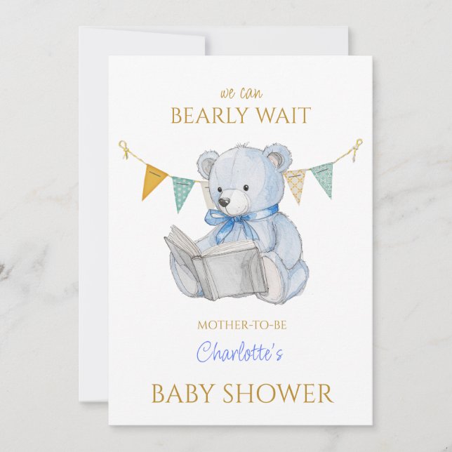 Anpassningsbar Bear läsa en bok Baby Shower Inbjudningar (Framsida)