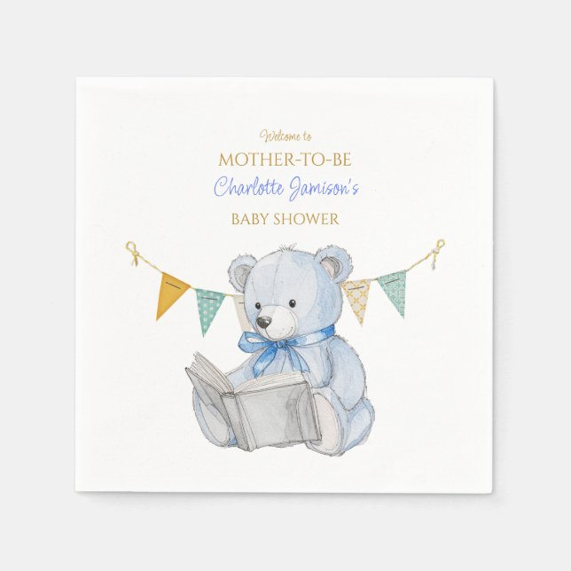 Anpassningsbar Bear läsa en bok Baby Shower Pappersservett (Framsidan)