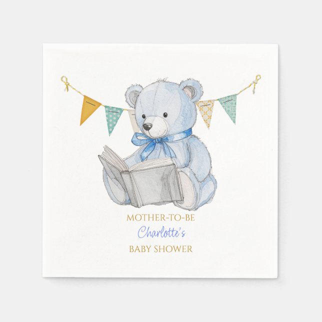 Anpassningsbar Bear läsa en bok Baby Shower Pappersservett (Framsidan)