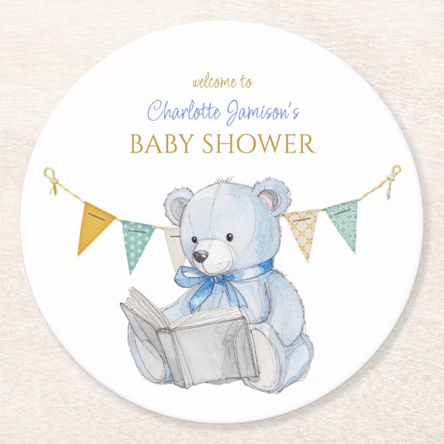 Anpassningsbar Bear läsa en bok Baby Shower Underlägg Papper Rund (Framsidan)