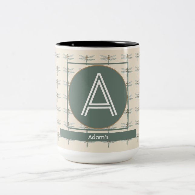 ANPASSNINGSBAR BEIGE OLIVE RETRO DRAGONFLY Två-Tonad MUGG (Center)