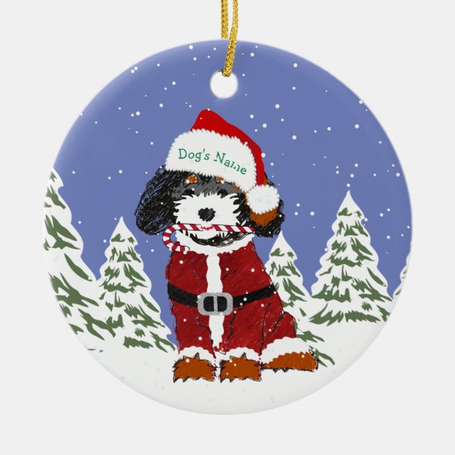 Anpassningsbar Bernedoodle Santa Hund Julgransprydnad Keramik (Framsidan)