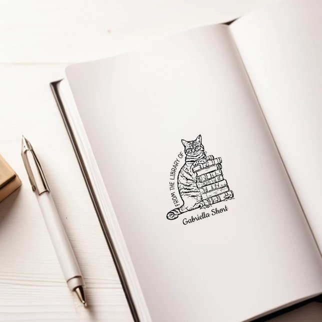 Anpassningsbar Bibliotek Cat Bookplate Stämpel (Skapare uppladdad)