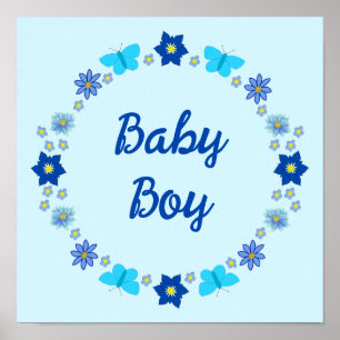 Anpassningsbar Blå Babypojke Fjärilar och Blommor Poster