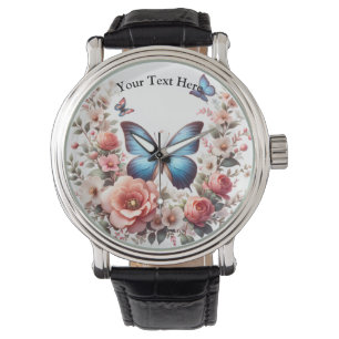 Anpassningsbar Blå Fjäril Blommig Konst-96279 Armbandsur