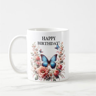 Anpassningsbar Blå Fjäril Blommig Konst-96279 Kaffemugg