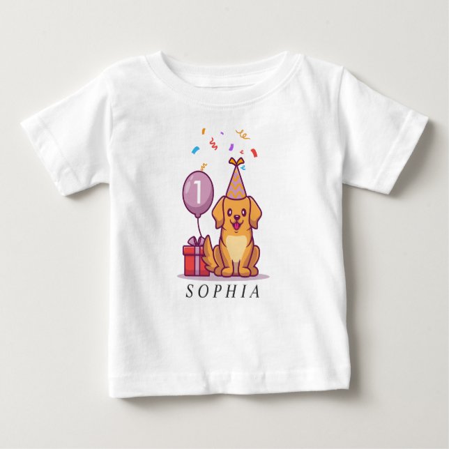 Anpassningsbar blå hundvalp till 1:a födelsedag t shirt (Framsida)