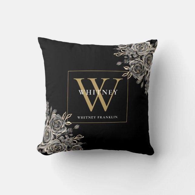 Anpassningsbar Black and Guld Monogram Blommigt Kudde (Framsida)