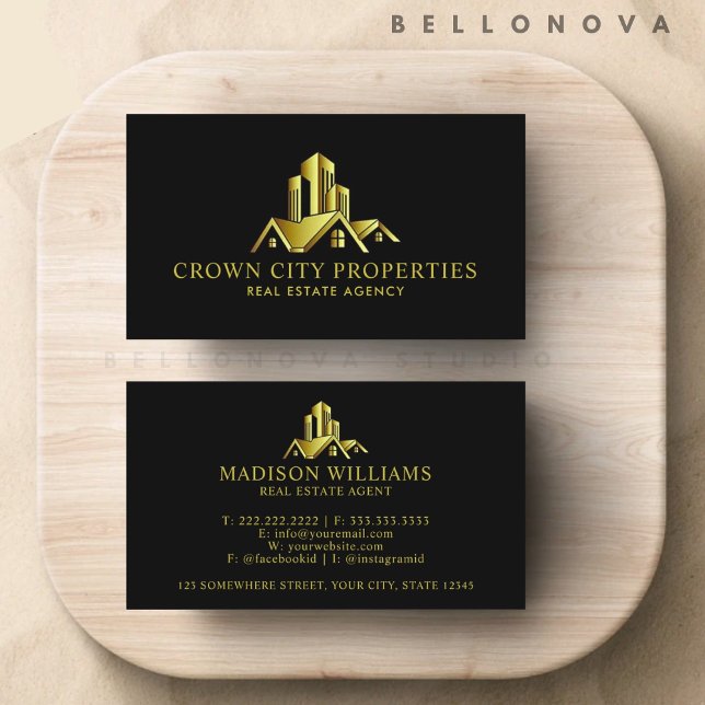 Anpassningsbar Black and Guld Premium Real Gods Ag Visitkort (Custom Black And Gold Premium Real Estate Agent Business Card)